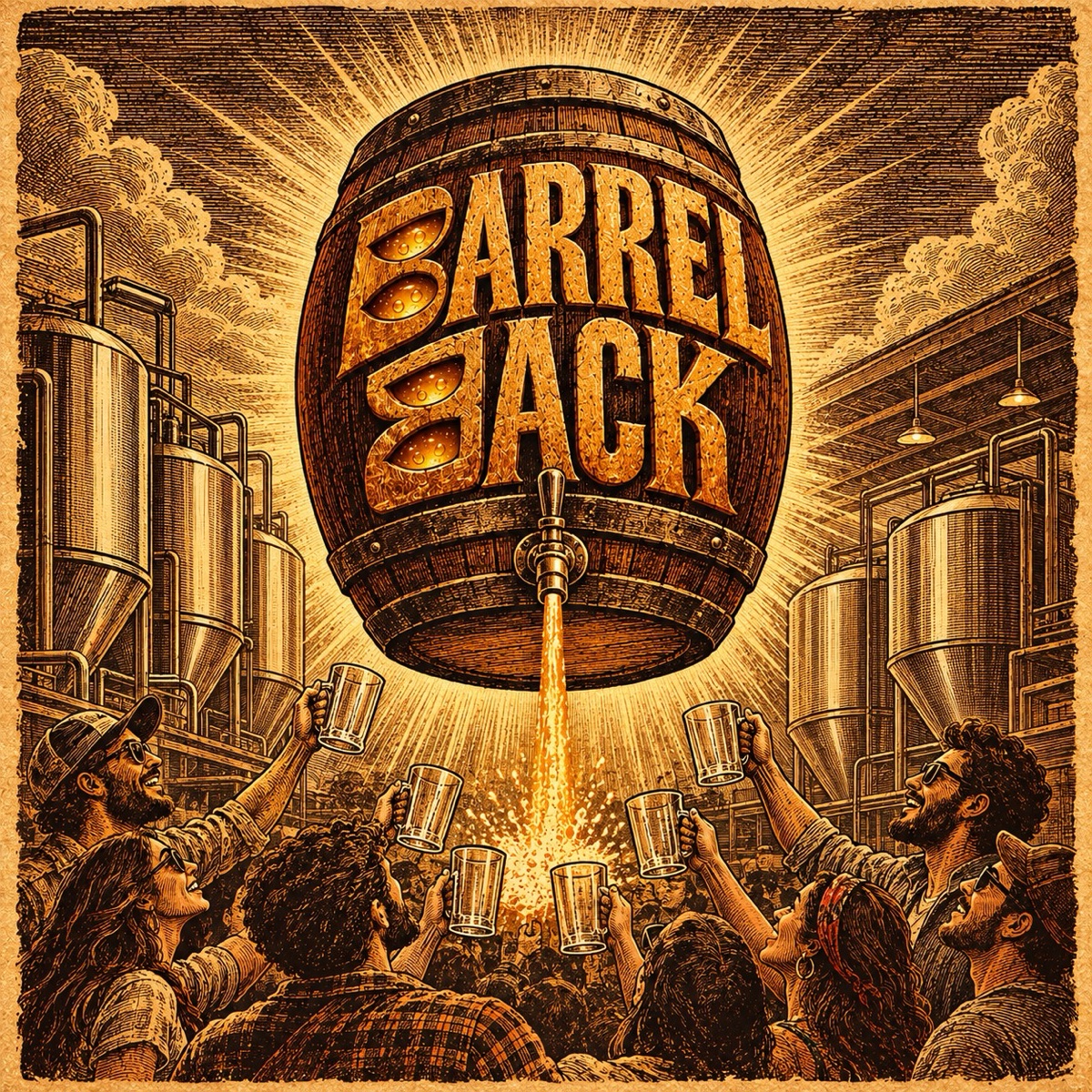 BarrelBack: an engraved-style barrel pouring beer into raised mugs in a brewery