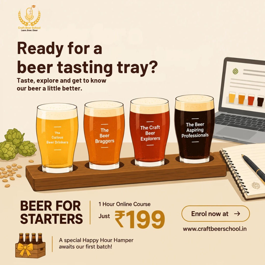 Beer for Starters poster: a tasting tray of four beers from pale to dark, a one-hour online course for ₹199