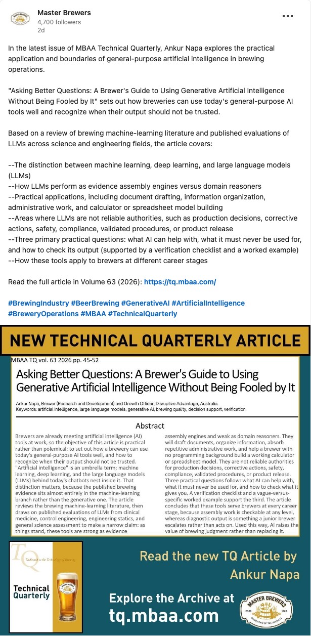 Master Brewers LinkedIn post announcing Ankur Napa's Technical Quarterly article, with the article's first page
