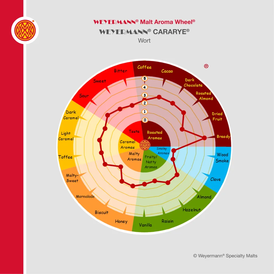 Weyermann Malt Aroma Wheel for CARARYE, showing the aroma attributes found in its wort