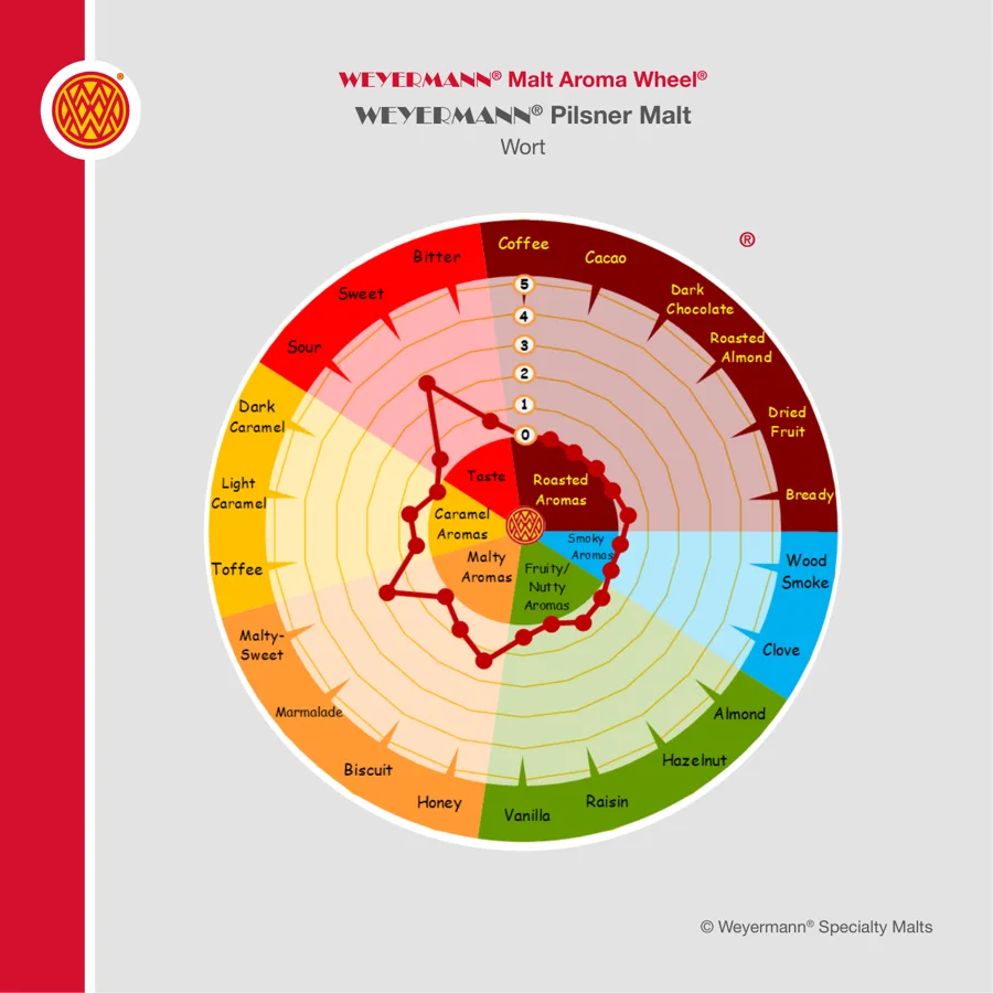 Weyermann Malt Aroma Wheel for Pilsner Malt, showing the aroma attributes found in its wort